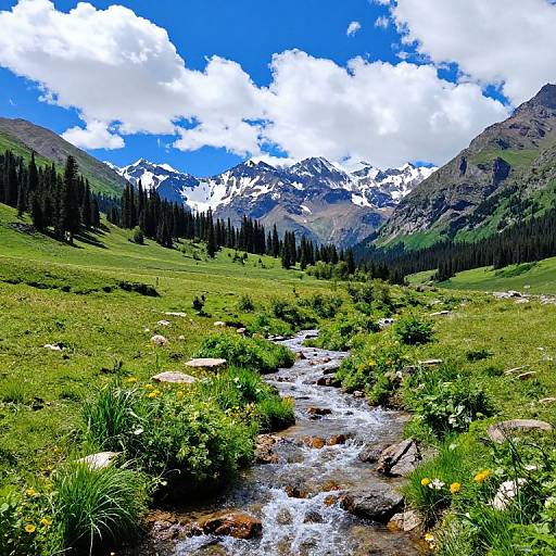 Photograph of a vibrant mountain landscape with a clear blue sky, white clouds, green meadow, rocky stream, and snow-capped peaks.