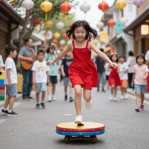 Photograph of an Asian girl with black hair, wearing a red dress, joyfully riding a colorful balance scooter down a street decorated with hanging lanterns