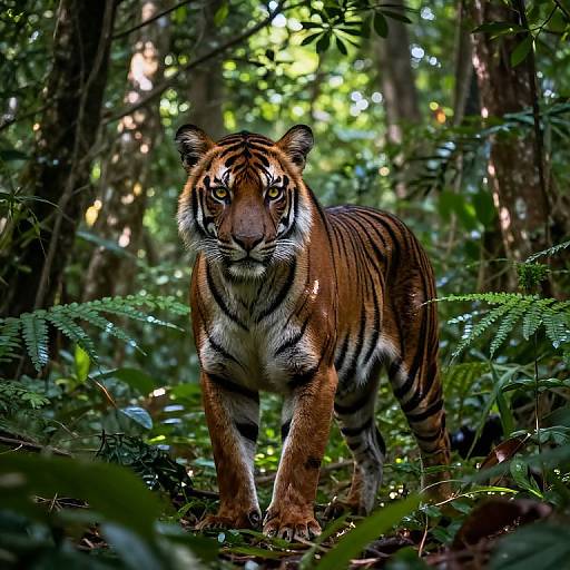 Photograph of a majestic Bengal tiger standing in a lush, dense forest, its intense yellow eyes staring directly at the camera.