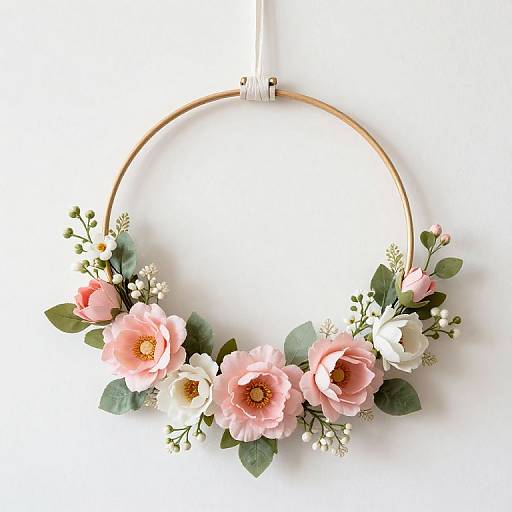 Photograph of a floral wreath with pink and white roses, small white flowers, and green leaves, hanging on a white background.
