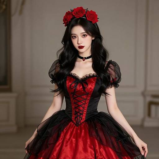 Digital artwork of a pale-skinned woman with black hair, wearing a red and black gothic dress, lace corset, black choker, and