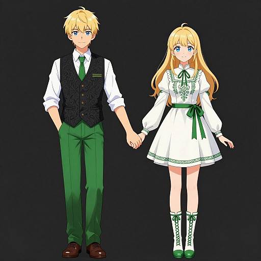Anime-style drawing of a blonde boy in a vest and green pants holding hands with a blonde girl in a white dress and green ribbon.