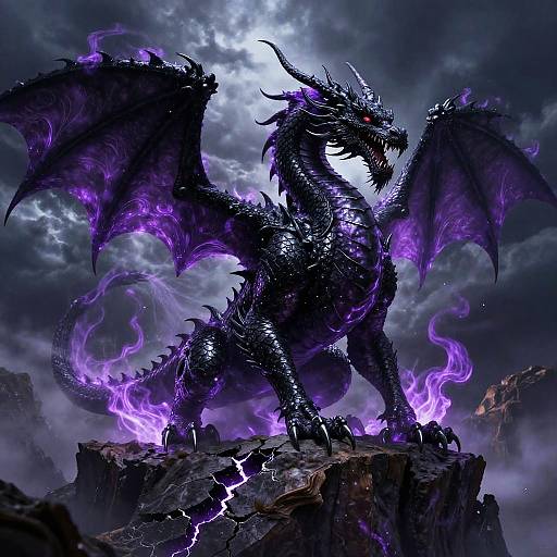 Majestic, black dragon with glowing purple wings and fiery breath, standing on a jagged rock against a stormy, cloudy sky. Digital fantasy