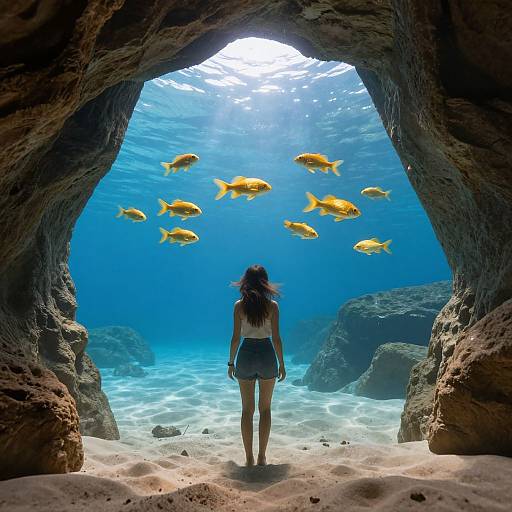 Photograph of a woman with long dark hair, wearing a black bikini, standing in a rocky cave, gazing at seven yellow fish swimming in a