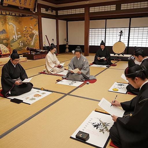 Six traditional Japanese artists in black and white kimonos, seated on tatami mats, painting calligraphy in a wooden room with shoji screens.