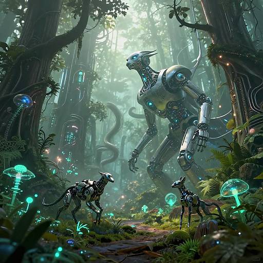 Digital illustration of a futuristic forest with glowing mushrooms, two robotic creatures, and a towering mechanical dinosaur amidst tall trees.