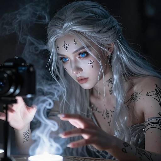 Digital art of a pale-skinned, silver-haired woman with blue eyes and star tattoos, holding ethereal blue smoke, illuminated by soft light. Dark