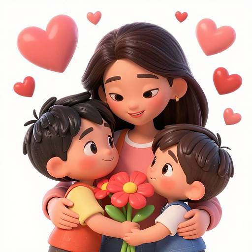 Digital illustration of an Asian mother with long black hair, smiling, hugging two young boys holding red flowers, surrounded by pink hearts.