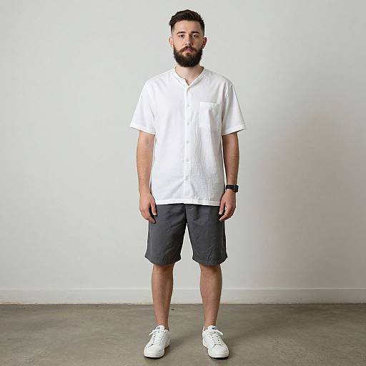 Photograph of a bearded man with short dark hair, wearing a white polo shirt, black shorts, white sneakers, and a black wristwatch,