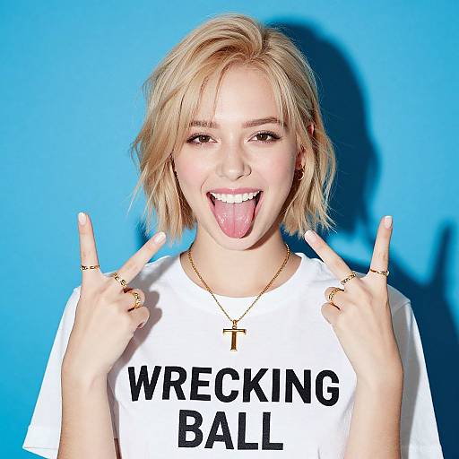 Photograph of a blonde woman with short hair, sticking out her tongue, wearing a white 