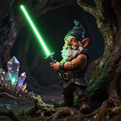 Gnome with Green Lightsaber in Cave