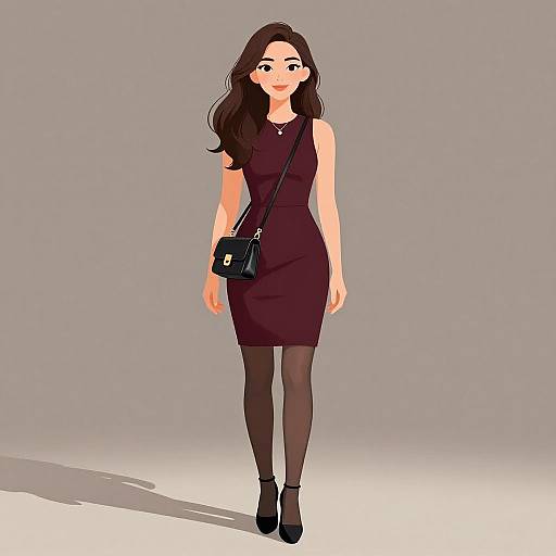 Digital illustration of a young woman with long dark hair, wearing a sleeveless maroon dress, black tights, and black heels, carrying a small