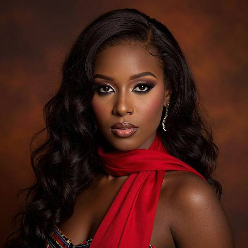 Photograph of a beautiful, dark-skinned woman with long, wavy black hair, wearing a red scarf and jewelry, against a warm, brown