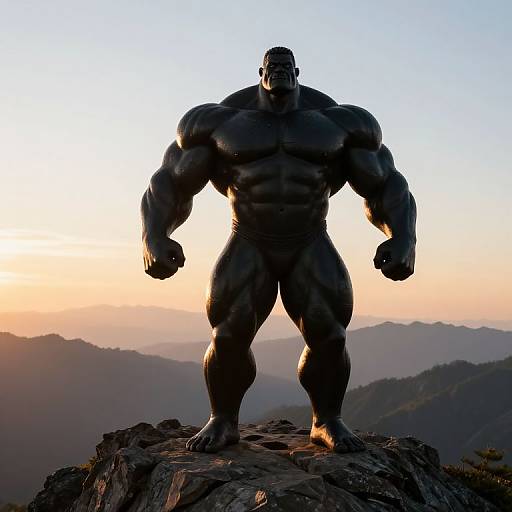 Photograph of a hyper-muscular, black-silhouetted man standing on a rocky mountain peak at sunrise, with misty, layered