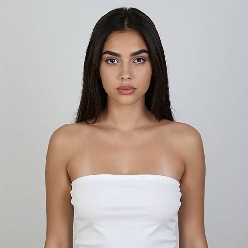 Photograph of a young woman with long black hair, medium brown skin, and brown eyes, wearing a strapless white top, against a plain white