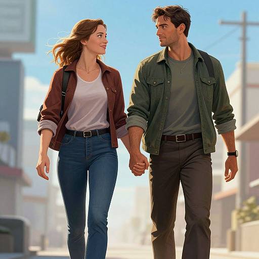 Photograph of a smiling couple holding hands, walking down a sunny urban street. Woman in white top, brown jacket, blue jeans; man in green