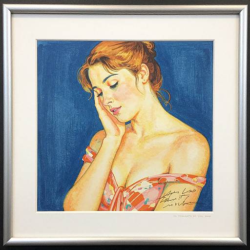Digital painting of a fair-skinned woman with brown hair, wearing a pink floral off-shoulder top, touching her cheek against a blue background,