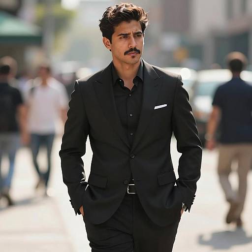 Confident Man in Black Suit Walking Outdoors