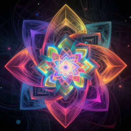 Digital abstract art of a glowing, multicolored, neon flower with overlapping, translucent layers in vibrant hues of blue, red, yellow, and purple