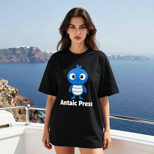 Photograph of a young woman with long dark hair, wearing a black t-shirt with a blue cartoon character and 