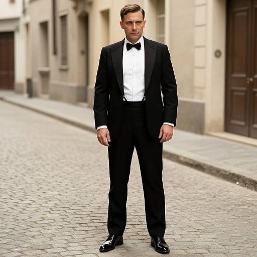 Photograph of a handsome, serious-looking man in a black tuxedo with a white shirt and black bow tie, standing on a cobblestone