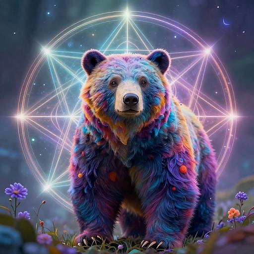 Digital artwork of a colorful, glowing bear standing in front of a magical, star-like circle with neon lights, surrounded by purple flowers.