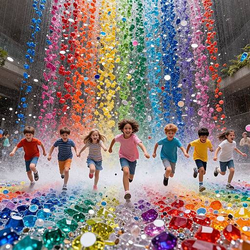 Photograph of diverse children joyfully running through a colorful, rain-like cascade of multicolored bubbles in a bright, indoor space.