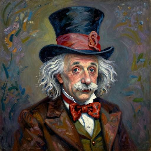 Digital painting of an elderly man with white hair, mustache, wearing a black top hat, red bow tie, and brown coat, set against a