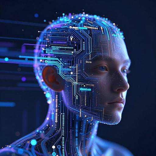 Digital CGI image of a glowing blue and white human head with intricate circuitry patterns, set against a dark background.