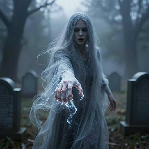 Digital artwork of a ghostly woman with long, flowing white hair, extending a glowing, spectral hand towards the viewer in a foggy, wooded cemetery