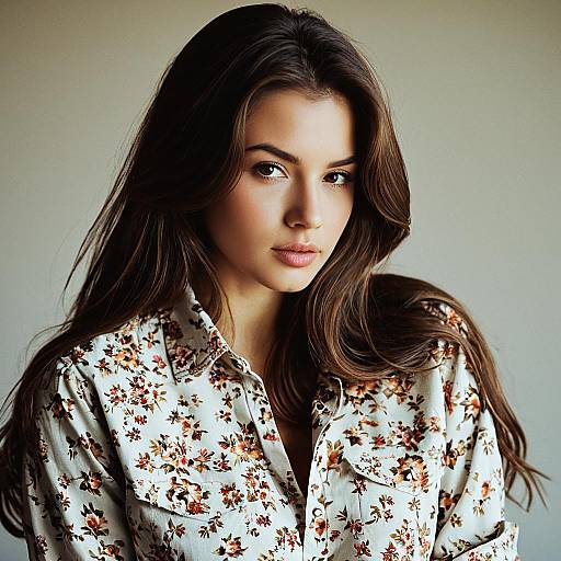 Young Woman in Floral Print Shirt