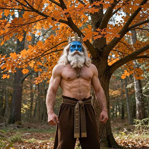 Photograph of a muscular, shirtless man with a blue-painted face, long white beard, crown, and brown pants, standing in an autumn