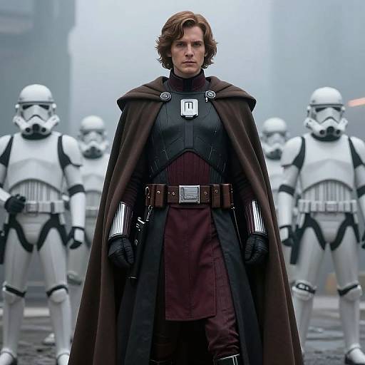 Photograph of a young man with brown hair, wearing a dark brown cloak, black armor, and brown tunic, flanked by white stormtro