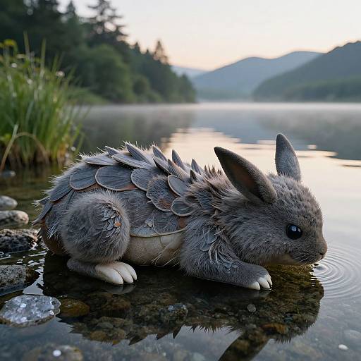 Photograph of a fluffy, grey, dragon-like rabbit with feathered scales, standing in a tranquil, rocky lake with a forest and mountains in the