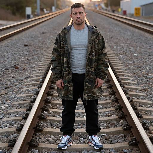 Photograph of a muscular, short-haired man in a camouflage jacket, gray t-shirt, black pants, and white sneakers standing on railway tracks.