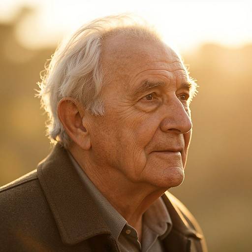 Photograph of an elderly man with white hair, deep wrinkles, and a serious expression, wearing a brown coat, bathed in warm sunlight.