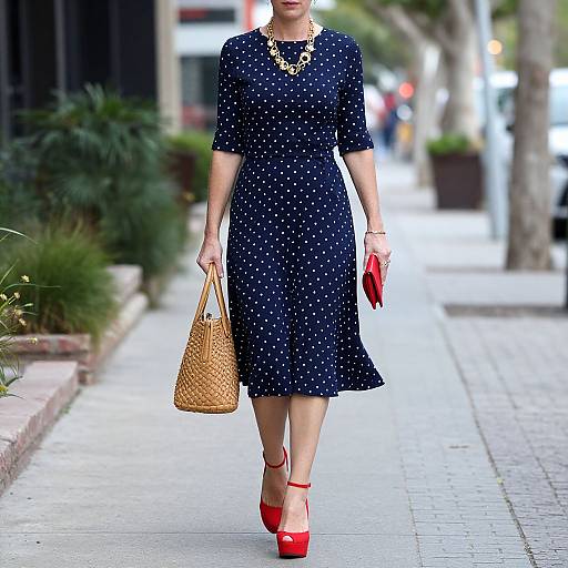 Photograph of a woman in a navy blue, polka dot dress, red heels, gold necklace, and wicker bag, walking on a city