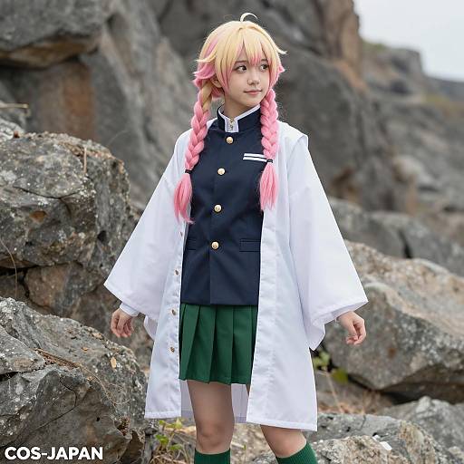 Cosplayer in Kimono Coat and School Uniform