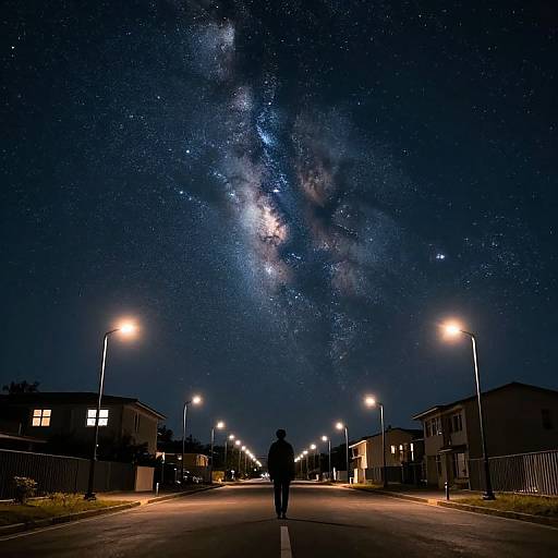 Photograph of a person standing in a dark, empty street at night, gazing up at a mesmerizing, star-filled Milky Way galaxy, illuminated
