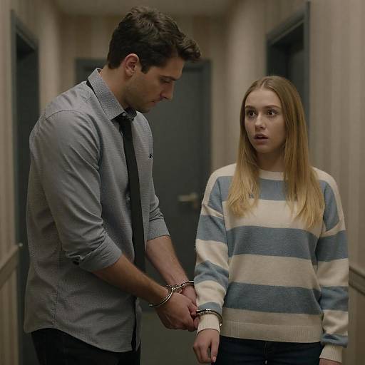 Man Handcuffing Woman in Dim Hallway