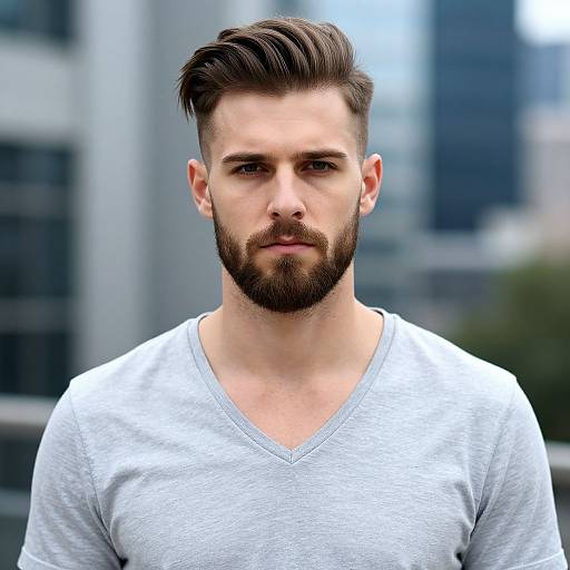 Photograph of a handsome, bearded man with dark brown hair, styled neatly, wearing a light gray V-neck shirt, standing in front of a
