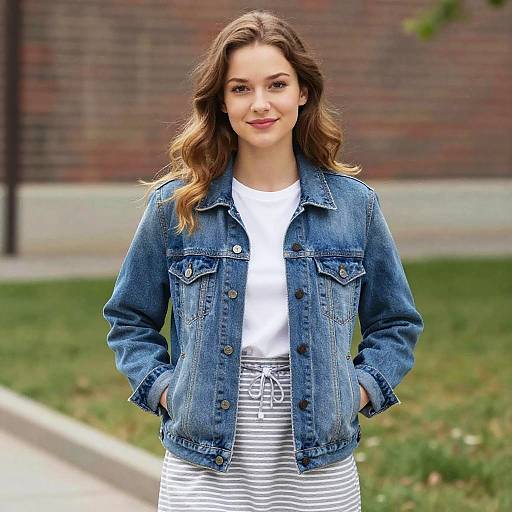 Photograph of a smiling young woman with wavy brown hair, wearing a blue denim jacket, white shirt, and white-striped skirt, standing outdoors on