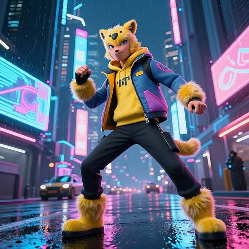 Furry anthro cat in yellow hoodie and blue jacket stands confidently in neon-lit, rainy city street, glowing signs reflecting on wet pavement. CGI