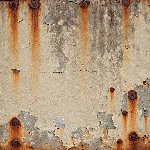 Photograph of a weathered, rusted metal surface with vertical orange-brown rust streaks, peeling white paint, and circular rust spots.
