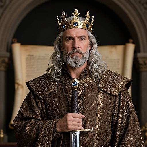 Regal Medieval King with Sword and Scroll