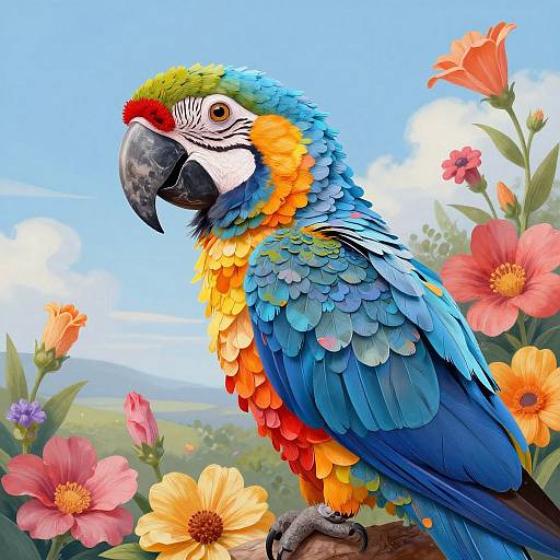 Vibrant digital artwork of a colorful blue and yellow macaw perched on a branch, surrounded by bright flowers and a clear blue sky.