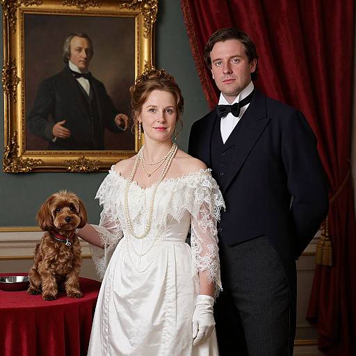 Photograph of a poised couple in formal attire, she in an off-shoulder white lace wedding dress, he in a black tuxedo,