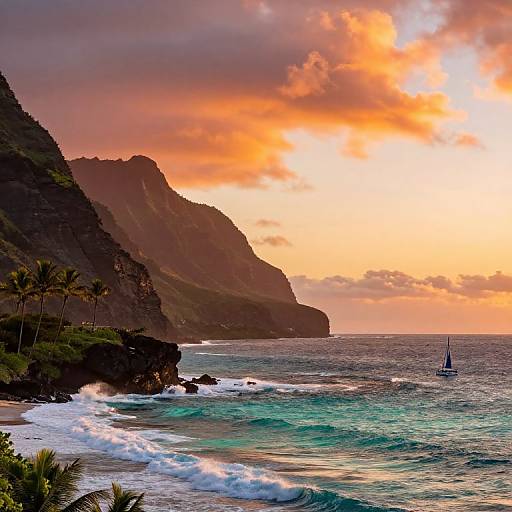 Photograph of a tropical sunset with vibrant orange and pink clouds, dark green cliffs, turquoise ocean waves, and a small sailboat on the right.