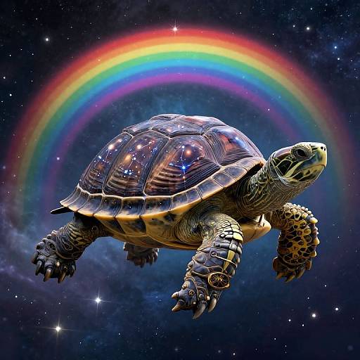 Digital art of a detailed turtle with a reflective shell floating in space, surrounded by a vibrant rainbow against a starry background.