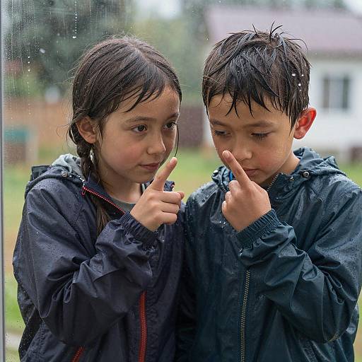 Children Gazing Through Rain-Splattered Window